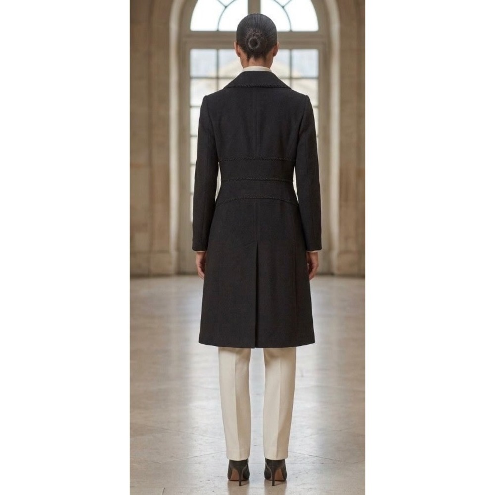 Oscar de la Renta Black Wool Angora Blend Braided Trim Long Coat Size 8 - Picture 3 of 7